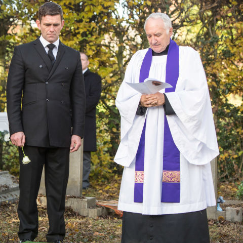 Danny Mitchell, Glenda Mitchell, Max Branning and Jack Branning attend Ronnie and Roxy's funerals in EastEnders