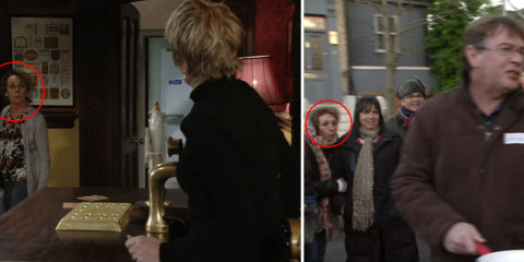 EastEnders' silent barmaid Tracey is finally centre of attention... as fans spot her in two places at once
