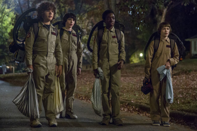 Gaten Matarazzo, Finn Wolfhard, Caleb McLaughlin and Noah Schnapp in Stranger Things season 2 still